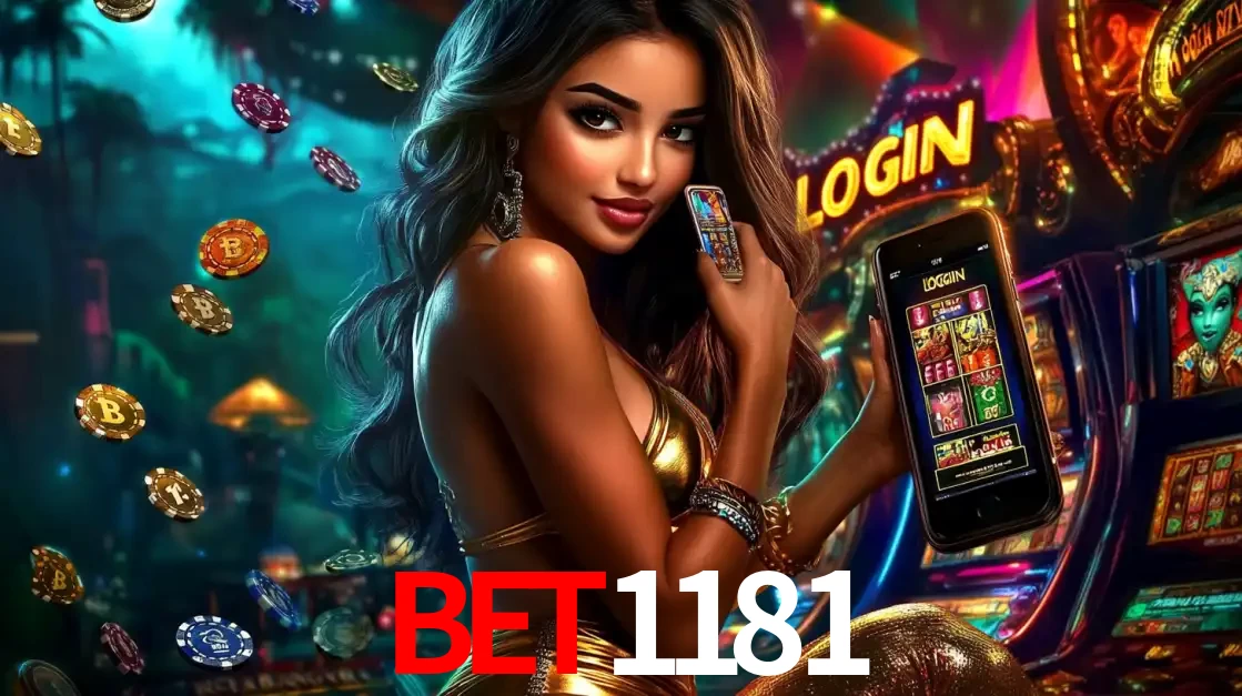 Mulher em um cenário de cassino temático de aventura, mostrando o app de caça-níqueis da bet1181 no celular. Fichas de apostas flutuam ao redor.