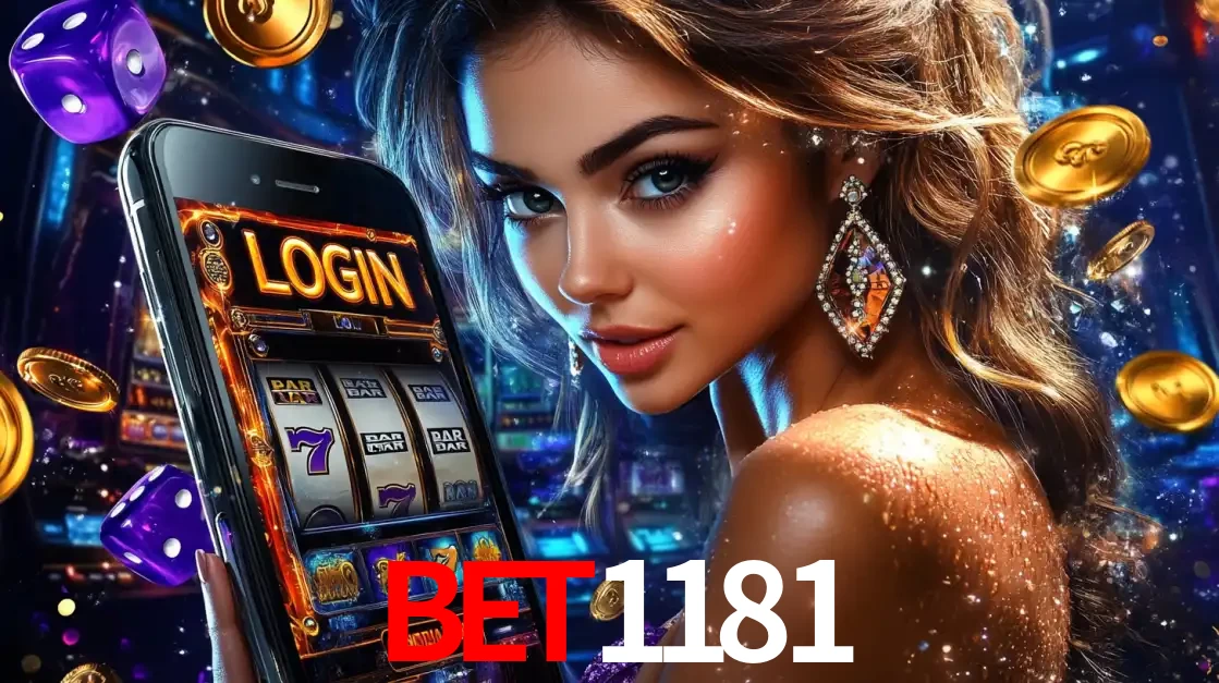 Mulher glamorosa segurando um smartphone com a tela de login para os jogos de caça-níqueis do cassino online bet1181, com moedas de ouro e dados ao redor.