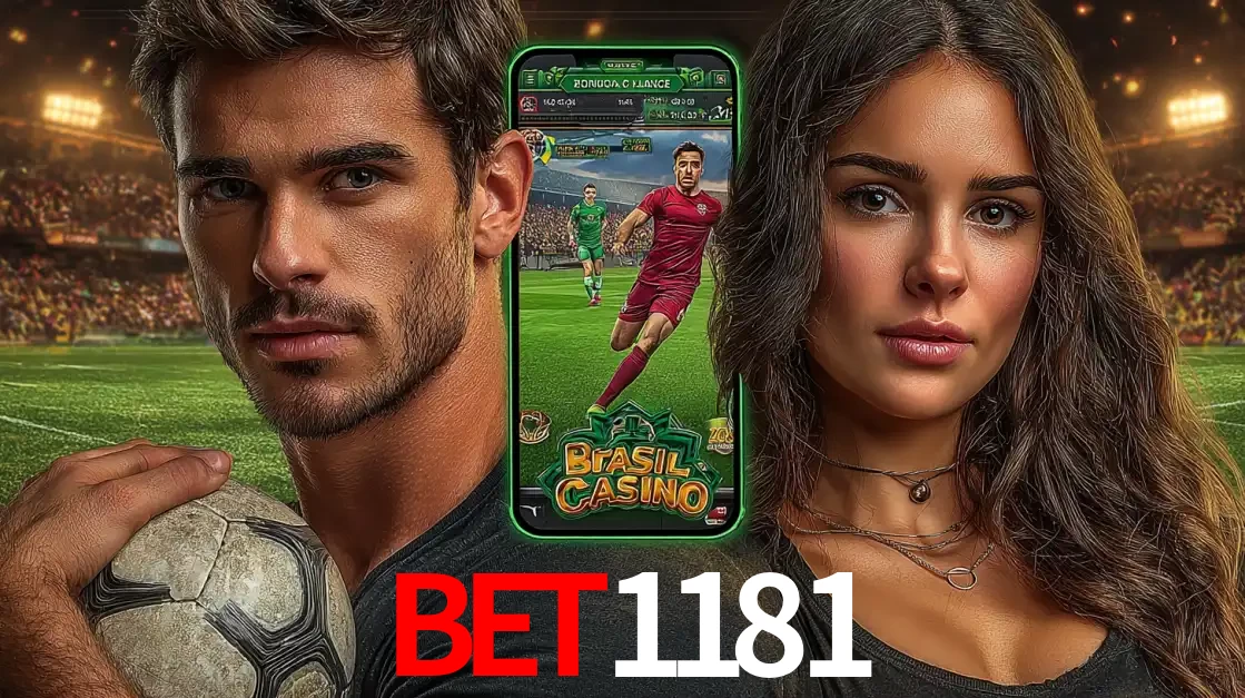 Homem segurando uma bola de futebol e uma mulher ao lado de um smartphone exibindo o jogo de apostas esportivas da bet1181. Faça seu palpite no cassino online.